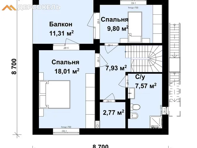 Двухэтажный дом с плоской крышей DS-1250 из газобетона